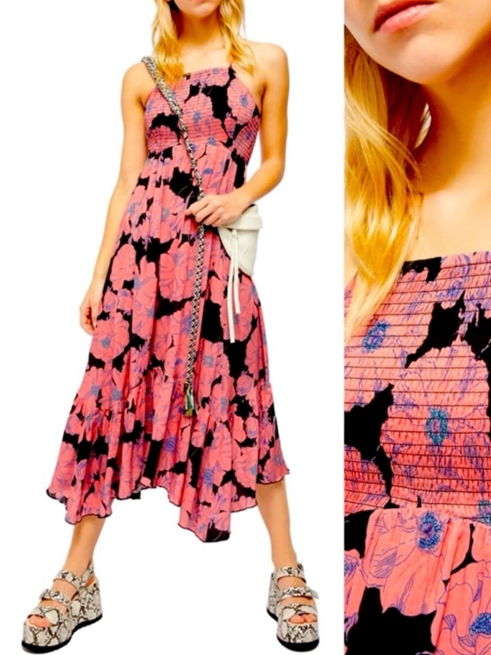 NWT Free People Heat Wave Maxi Dress Smocked Floral Black Pink